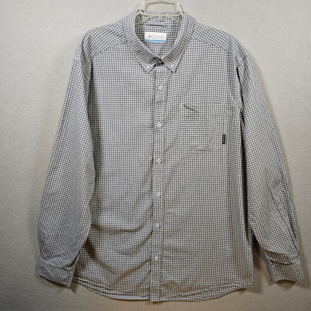 Columbia Men's Gray White Micro Check Cotton Button Down Shirt 25" PTP